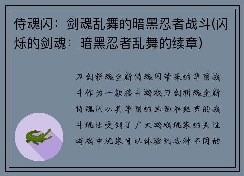 侍魂闪：剑魂乱舞的暗黑忍者战斗(闪烁的剑魂：暗黑忍者乱舞的续章)